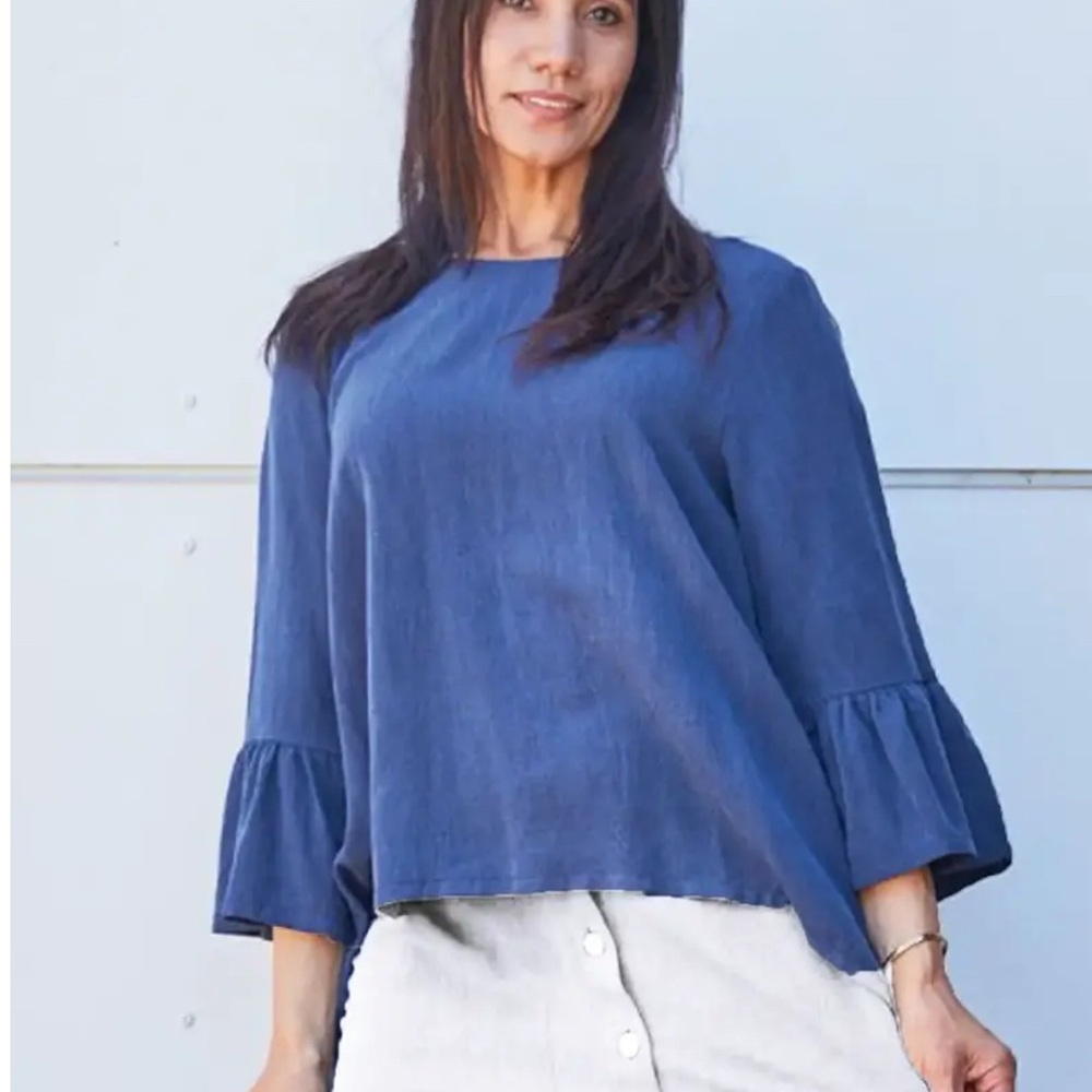 Bryn Walker Fran top‎ oversized XXS linen blue Lagenlook 3/4 bell sleeve